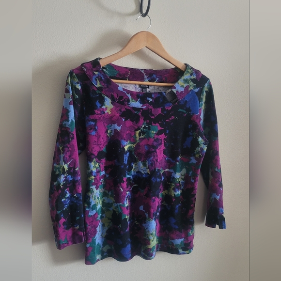 Rafaella Tops - Rafaella Floral Watercolor Top, Women's M, Jewel Tones Blue, Green & Purple